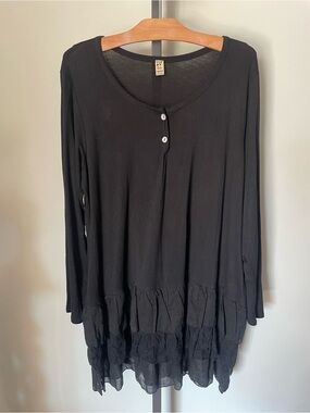 Baba Henley Ruffle Tiered Lace Trim Dress Lagenlook Boho Fairy Whimsigoth Black
